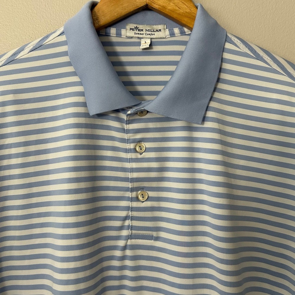 Peter Millar Shirt Mens Large Blue Striped Polo Summer Comfort Performance Golf